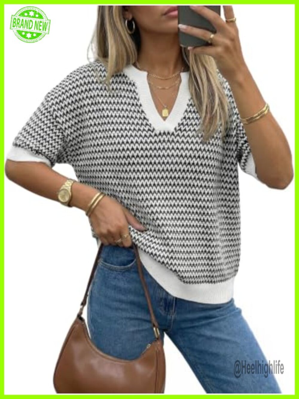 Striped Short Sleeve Sweater Polo V-Neck Pullover Work Casual